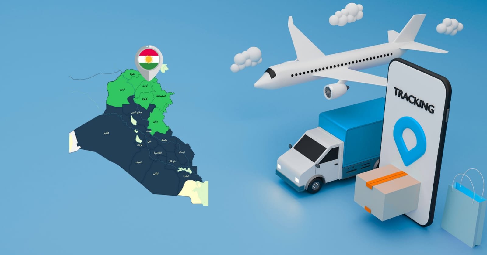 An illustrated map of Iraq with the Kurdistan Region marked, beside a delivery van, an aircraft and a phone showing shipment tracking