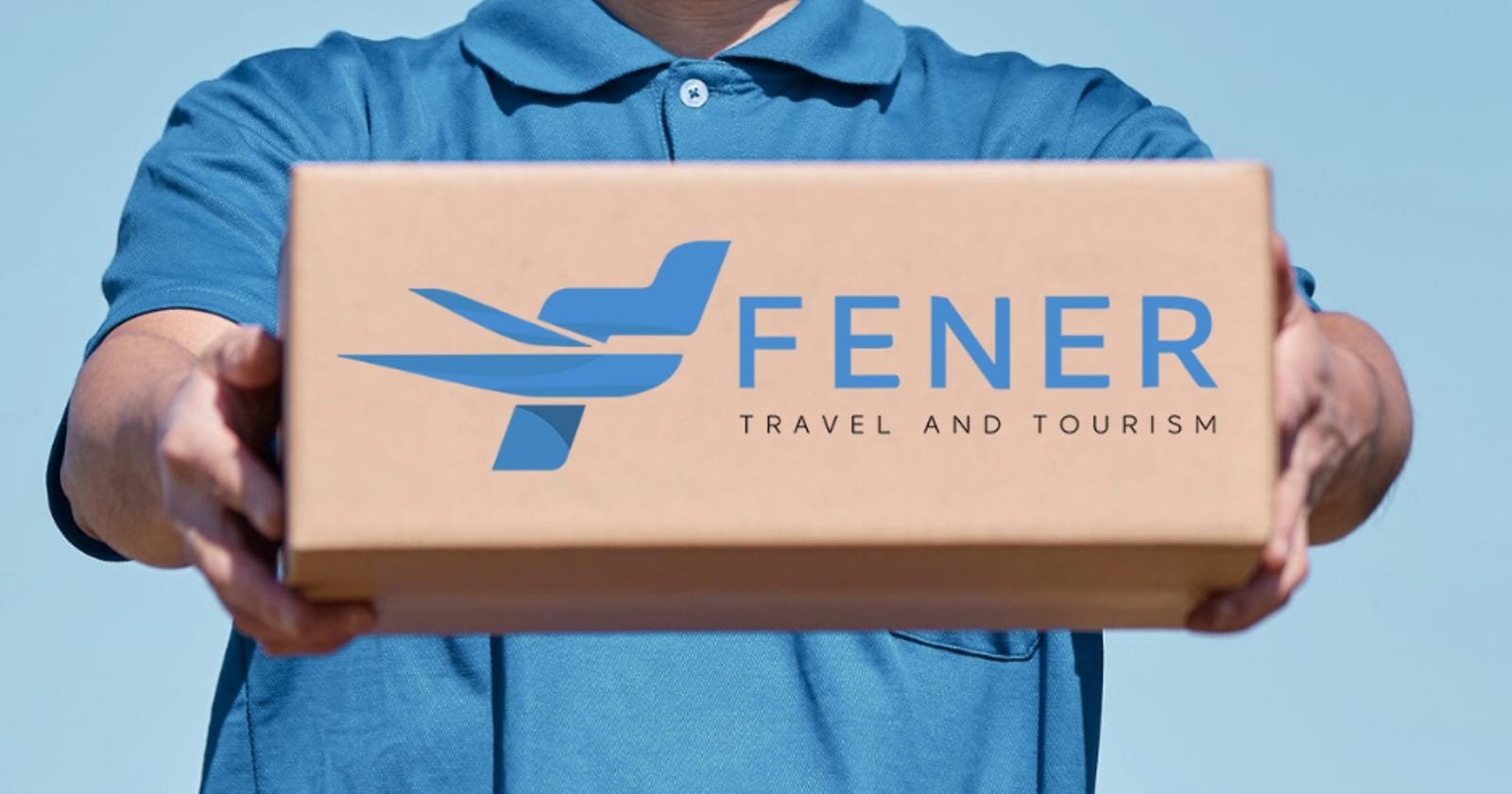 A courier holding out a parcel carrying the Fener Travel logo