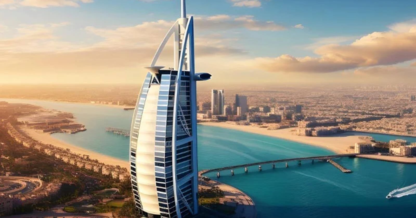 The Dubai coastline from the air, with the Burj Al Arab on its island
